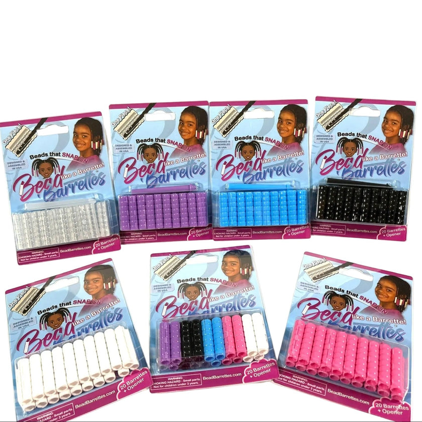 Several Package of Bead Barrettes  representing colors clear, purple, blue, black, white, pink and assorted colors.  Beads that snap on like a Barrette!