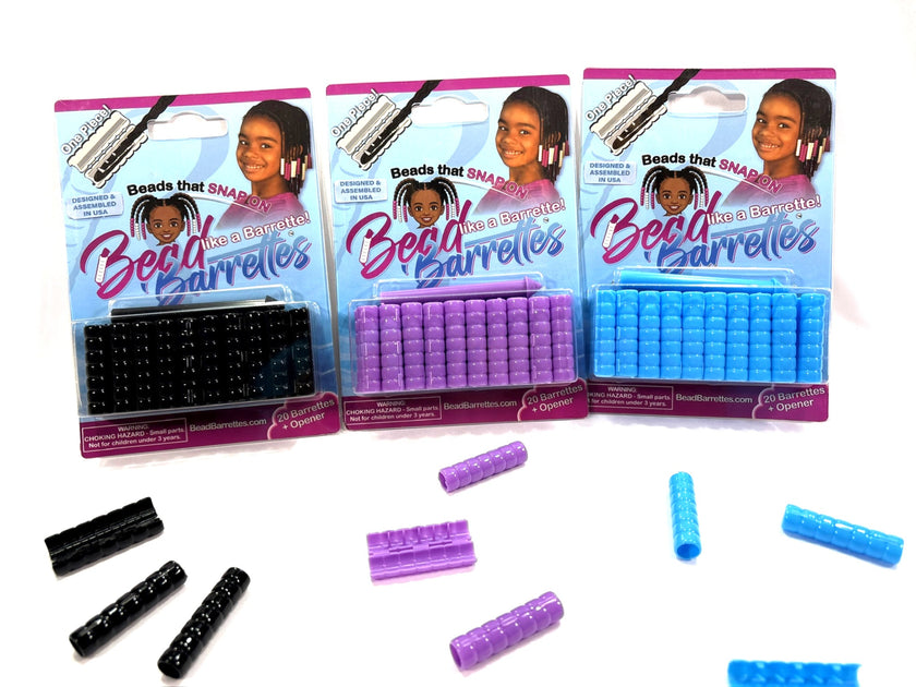 3 packages of Bead Barrettes featuring colors black, purple and blue
