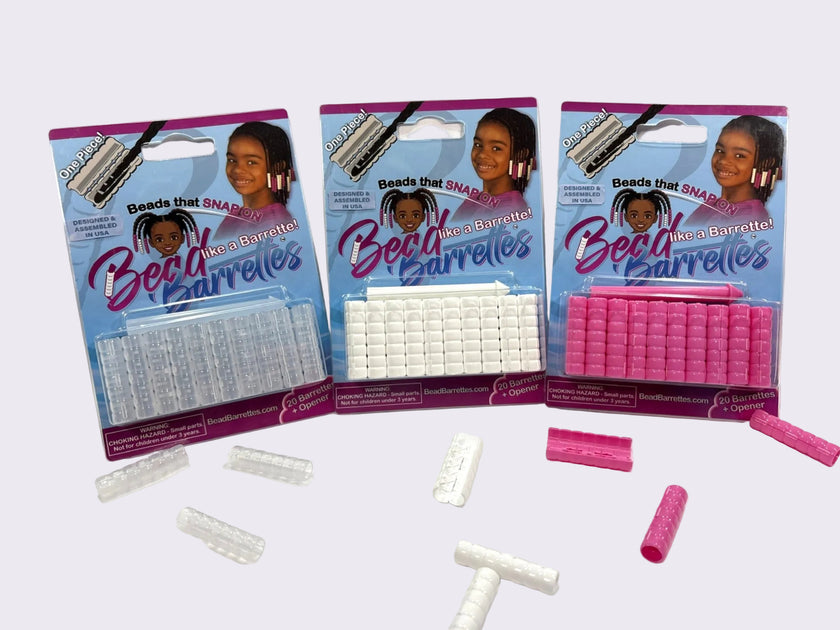 3 packages of Bead Barrettes featuring colors clear, white and pink